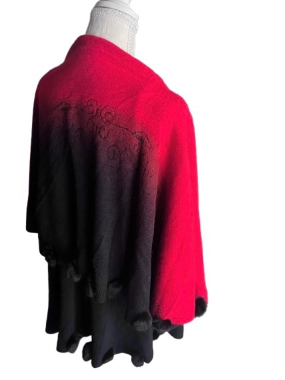 Ombre Layered circular Shawl Faux Fur Pom Pom Trim Red Black Floral Wrap Scarf - Picture 4 of 13